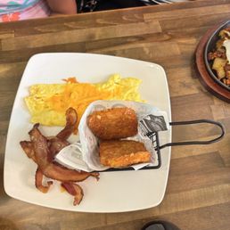Hash browns! Cheese omelet! Bacon! Hash browns! Cheese omelet! Bacon!