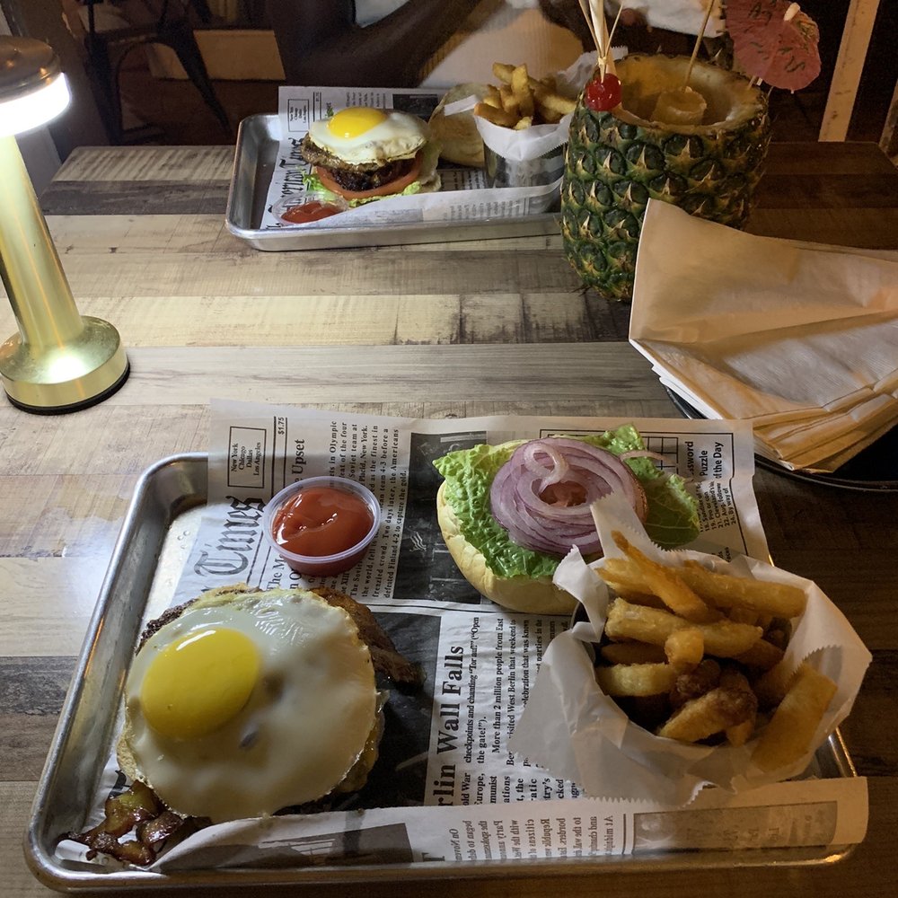 Why Not - Why Not Burger w fries, pineapple piña colada - Seafood Near Me - Hollywood, Florida Why Not - Why Not Burger w fries, pineapple piña colada - Seafood Near Me - Hollywood, Florida