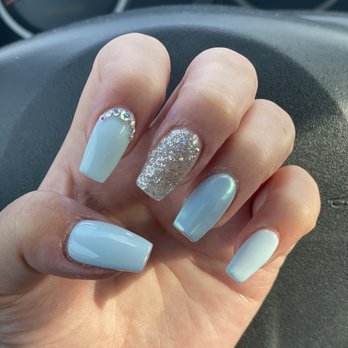 Avalon Nail Bar - Light blue coffin nails with blue chrome powder, silver glitter, and rhinestones - Nail Salons Near Me - Long Beach, California