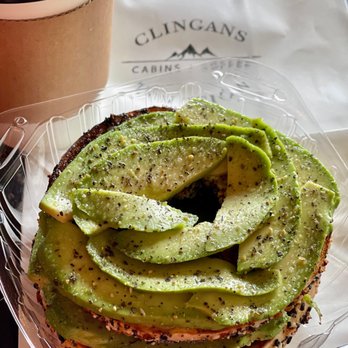 Clingans Junction- cabins + coffee - Avocado Sandwich - open-faced "everything" bagel (2 halves) smothered in sliced avocado and seasoning on top. - Coffee & Tea Near Me - Squaw Valley, California Clingans Junction- cabins + coffee - Avocado Sandwich - open-faced "everything" bagel (2 halves) smothered in sliced avocado and seasoning on top. - Coffee & Tea Near Me - Squaw Valley, California