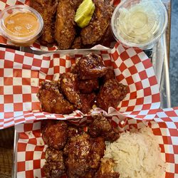 Hangry Joe’s Hot Chicken & Wings - Medium level spicy wings and Korean chicken nuggets in soy garlic, half spicy, half mild. DELICIOUS!!!