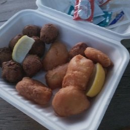 Halibut with hush puppies subbed in for fries Halibut with hush puppies subbed in for fries