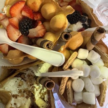 Tornado Crepe - From top left clockwise: 3. Red Mango, 8. Berry Lover, 10. Smores, 7. Nuts Party $9.99 each, +$1 for egg waffle instead of crepe - Bubble Tea Near Me - Jackson Heights, New York