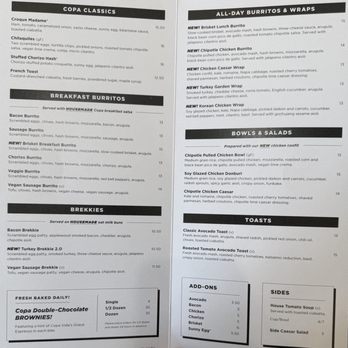 Copa Vida - Menu - The image shows two printed pages of a menu from Copa Vida in Pasadena, CA. The left page lists breakfast burritos, brekkies, and baked goods, including items like bacon burrito, sausage burrito, and vegan sausage burrito, with prices and descriptions. The right page features all-day burritos and wraps, bowls and salads, toasts, and add-ons such as avocado, bacon, chicken, and chorizo, with detailed descriptions and prices. The menu emphasizes breakfast and lunch offerings, with sections clearly divided and formatted for easy reading. - New American Near Me - Pasadena, California