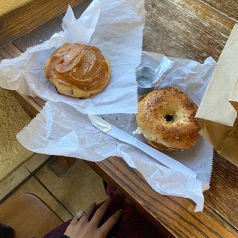 Sunrise Bread Company - Sea salt caramel scone and onion Bagel with Cream Cheese - Coffee & Tea Near Me - Titusville, Florida