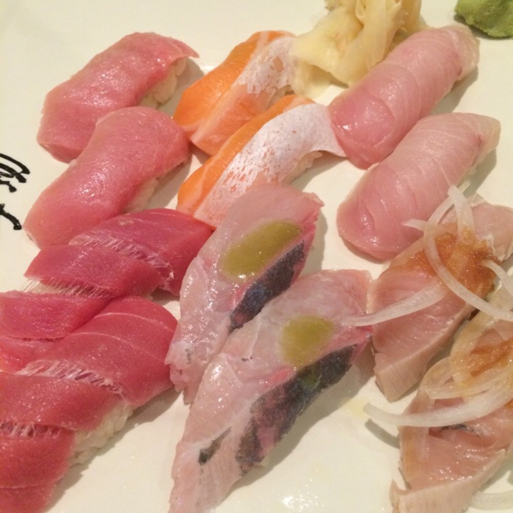 Yosuke Sushi - From top left: blue fin tuna, salmon, yellowtail; toro, amberjack, albacore - Japanese Near Me - Anaheim, California Yosuke Sushi - From top left: blue fin tuna, salmon, yellowtail; toro, amberjack, albacore - Japanese Near Me - Anaheim, California