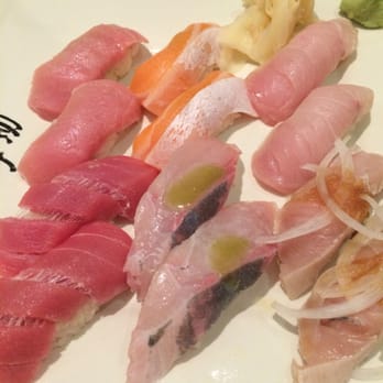 Yosuke Sushi - From top left: blue fin tuna, salmon, yellowtail; toro, amberjack, albacore - Japanese Near Me - Anaheim, California Yosuke Sushi - From top left: blue fin tuna, salmon, yellowtail; toro, amberjack, albacore - Japanese Near Me - Anaheim, California