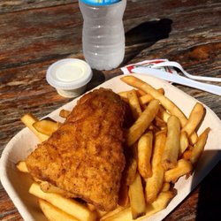The Beach Hut - The cod fish & chips has a crispy seasoned coating that's delicious and the fries are good too!