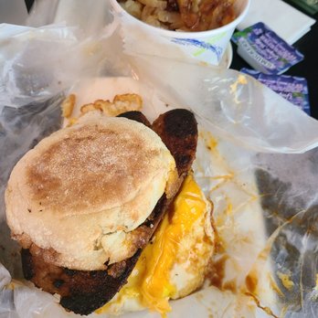 Steak In a Sack - Italian sausage and cheese breakfast sandwich and home fries side - Diners Near Me - Ft Washington, Maryland