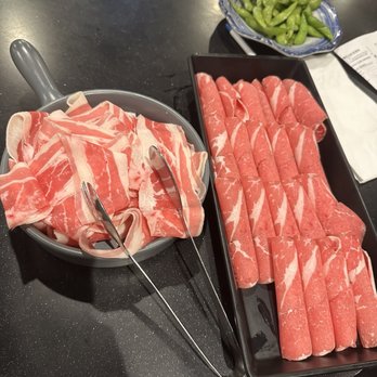 Happy Lamb Hot Pot - Hand sliced/ supreme fatty beef ( on the left) - Chinese Near Me - Cupertino, California