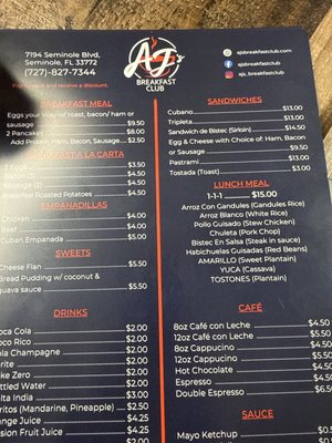 Menu photo 1 AJ’s Breakfast Club Seminole, FL
