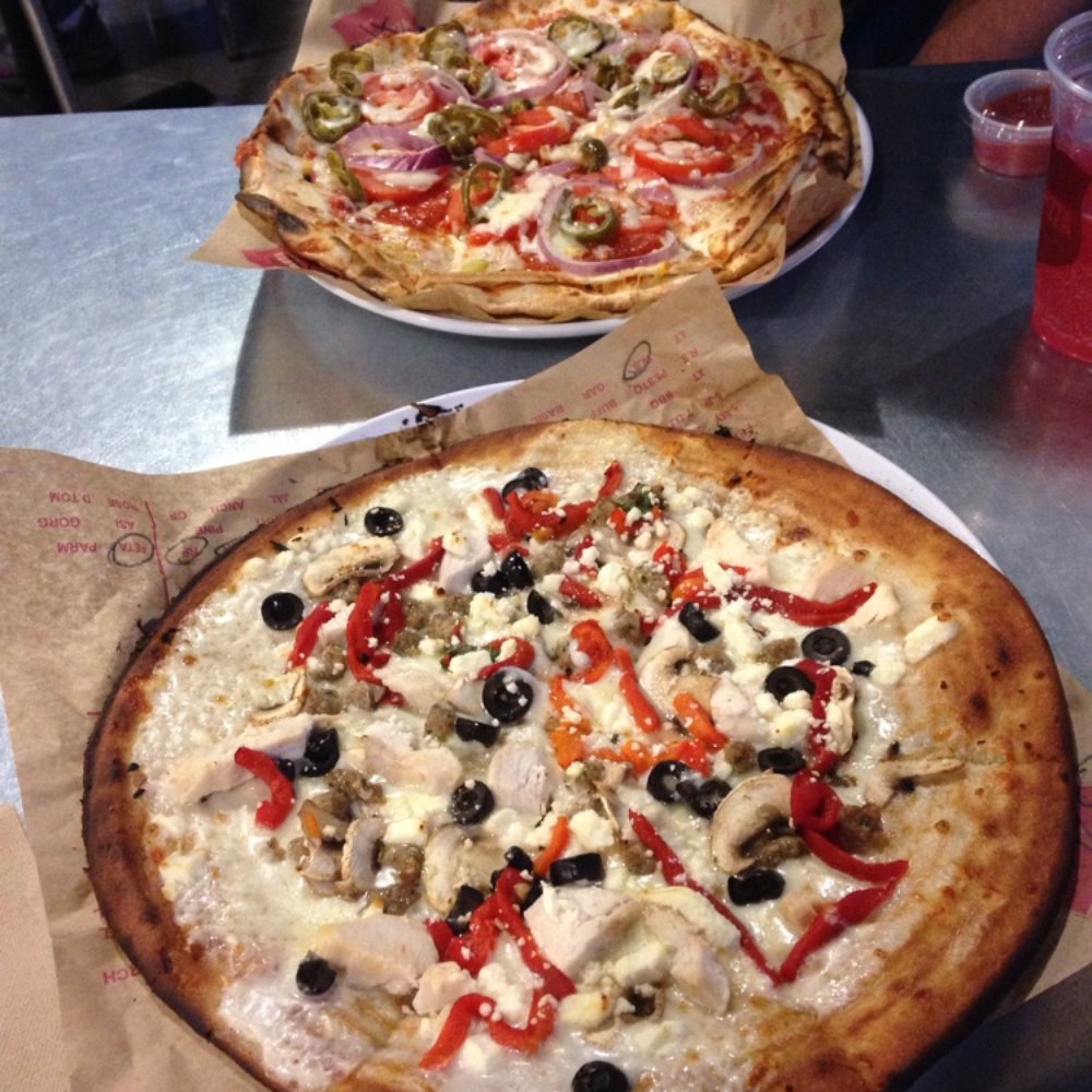 MOD Pizza - Mega mod in the back(2x crust w/cheese&sauce between) Mine had white sauce, olives, red peppers, chicken ,mushrooms, & meatballs - Pizza Near Me - Vancouver, Washington MOD Pizza - Mega mod in the back(2x crust w/cheese&sauce between) Mine had white sauce, olives, red peppers, chicken ,mushrooms, & meatballs - Pizza Near Me - Vancouver, Washington