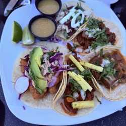 Blue Corn Tequila & Tacos - Fried fish taco, Al Pastor taco, Lengua taco, Barbacoa taco and Chicken mole taco.