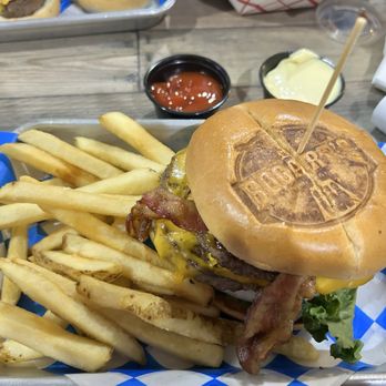 Bogart's Entertainment Center - Cowboy burger with BBQ, bacon, cheese, and all the veggies.Printing their name on the top of the bun is new to me. - Bowling Near Me - Apple Valley, Minnesota Bogart's Entertainment Center - Cowboy burger with BBQ, bacon, cheese, and all the veggies.Printing their name on the top of the bun is new to me. - Bowling Near Me - Apple Valley, Minnesota