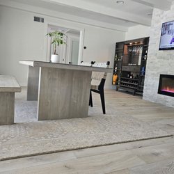Pottery Barn and West Elm Outlet - West Elm Santa Rosa dining table and bench, Fenton chairs, Grillo wine bar, and West Elm rug.