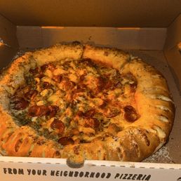 Stuffed crust pizza with six toppings Stuffed crust pizza with six toppings