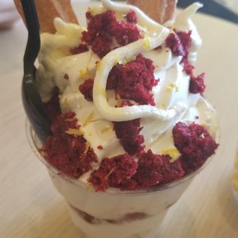 Churn Soft Serve - Red velvet pieces in ice cream with two large Churros. - Coffee & Tea Near Me - Buffalo, New York Churn Soft Serve - Red velvet pieces in ice cream with two large Churros. - Coffee & Tea Near Me - Buffalo, New York
