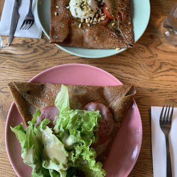 La Crêperie Rennaise - la saint-sauveur €11 buffalo mozzarella, tomato, pine nuts   la Trinité €9,60 potato, raclette, mushroom, bacon, salad w mustard dressing - Creperies Near Me - Rennes, 35