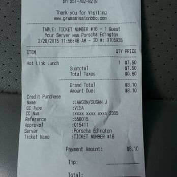 Gram's Mission BBQ - My bill. - Soul Food Near Me - Riverside, California Gram's Mission BBQ - My bill. - Soul Food Near Me - Riverside, California