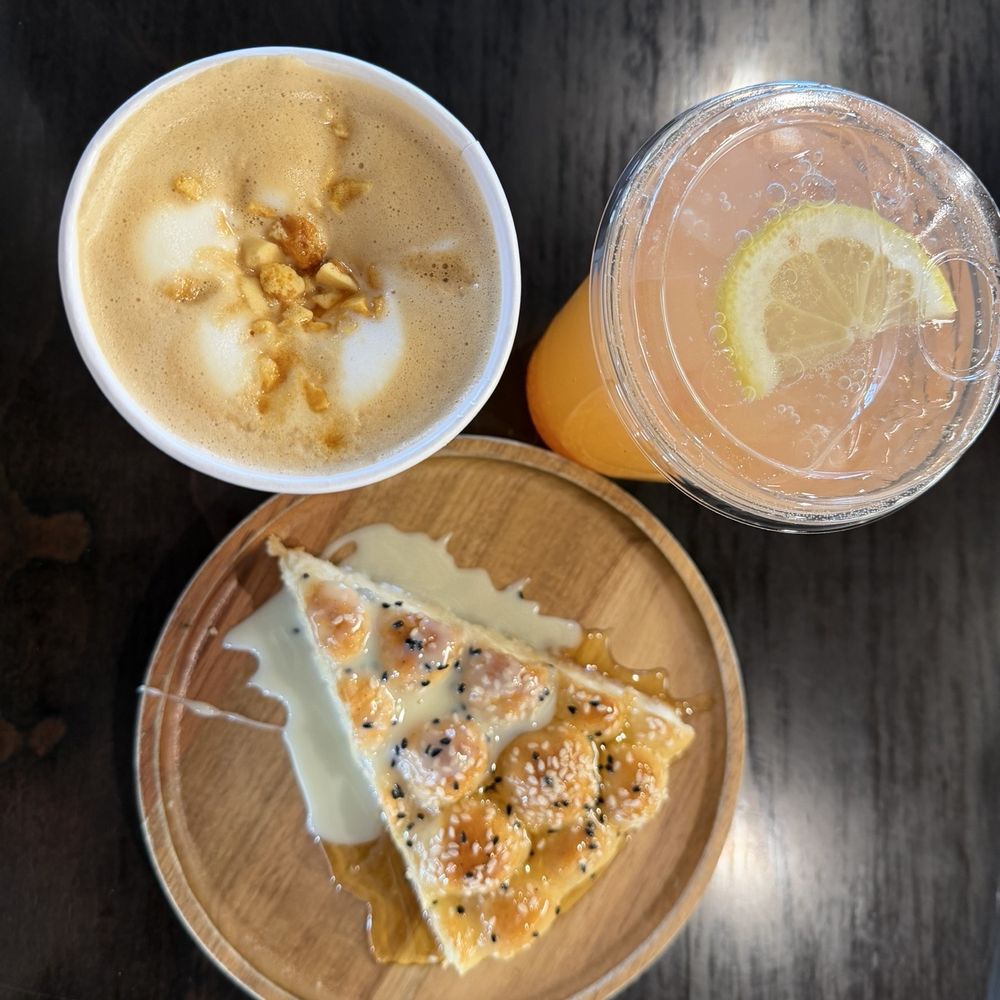 Dalgona latte, Sunset Ade, Honey comb cheese bread with half honey, half condensed milk sauce. Dalgona latte, Sunset Ade, Honey comb cheese bread with half honey, half condensed milk sauce.