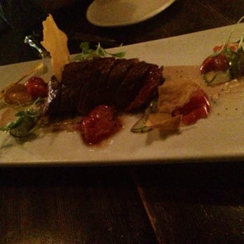 Longman & Eagle - Pan Roasted Hanger Steak, Hot Dog Bun Puree, Housemade Pickles, Mustard Tuile, Pickled Shishito Peppers, Confit Heirloom Tomatoe - Gastropubs Near Me - Chicago, Illinois