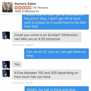 Rumors Salon - Estimate of the price telling me it was $150-$200 - Hair Salons Near Me - Vista, California Rumors Salon - Estimate of the price telling me it was $150-$200 - Hair Salons Near Me - Vista, California