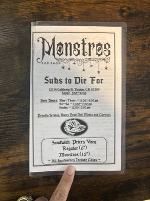 Menu photo 1 Monstros Sub Shop Yucaipa, CA