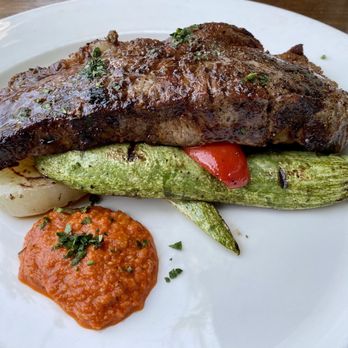 Rustic, Francis's Favorites - New York Strip Steak w/ seasonal vegetables and Romesco sauce - Italian Near Me - Geyserville, California Rustic, Francis's Favorites - New York Strip Steak w/ seasonal vegetables and Romesco sauce - Italian Near Me - Geyserville, California