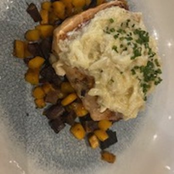 Savoir - Salmon with lump crab buerre blanc, Okinawan sweet potatoes, and autumn squash - so elegant and delicous! - Breakfast & Brunch Near Me - Houston, Texas Savoir - Salmon with lump crab buerre blanc, Okinawan sweet potatoes, and autumn squash - so elegant and delicous! - Breakfast & Brunch Near Me - Houston, Texas
