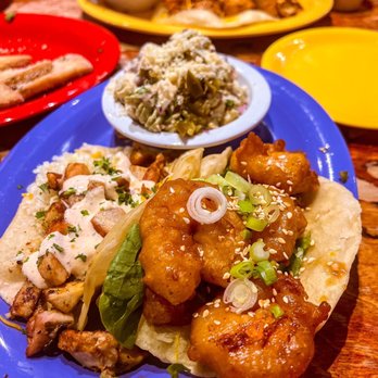 Cabo Fish Taco - Soy Ginger Shrimp Tacos, Grilled Serrano Chicken Tacos, pasta salad - Latin American Near Me - Charlotte, North Carolina Cabo Fish Taco - Soy Ginger Shrimp Tacos, Grilled Serrano Chicken Tacos, pasta salad - Latin American Near Me - Charlotte, North Carolina
