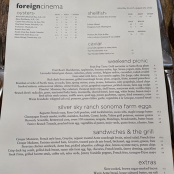 Foreign Cinema - brunch menu for saturday, august 20 - Breakfast & Brunch Near Me - San Francisco, California Foreign Cinema - brunch menu for saturday, august 20 - Breakfast & Brunch Near Me - San Francisco, California