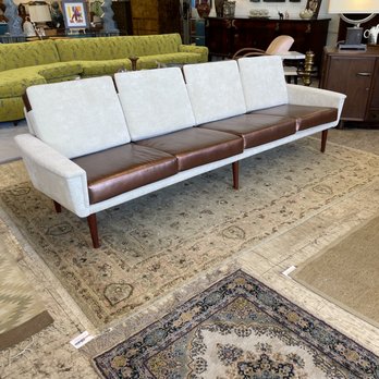 contactModern - 8' Dux Style Sofa in new cream velvet and copper color leather interchangeable cushions. - Antiques Near Me - San Antonio, Texas