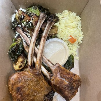 Rudy's Steakhouse - Roasted Double Lamb Chops Brussels sprouts and rice pilaf - Steakhouses Near Me - Salem, Oregon Rudy's Steakhouse - Roasted Double Lamb Chops Brussels sprouts and rice pilaf - Steakhouses Near Me - Salem, Oregon