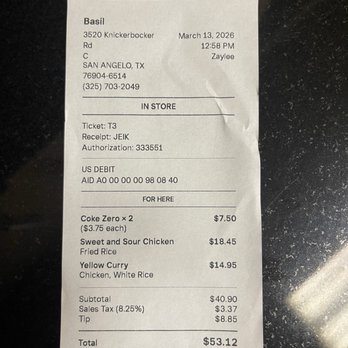 Basil - Our bill - Asian Fusion Near Me - San Angelo, Texas