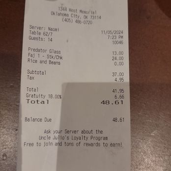 Uncle Julio's - MY BILL. OVERPRICED. - Tex-Mex Near Me - Oklahoma City, Oklahoma