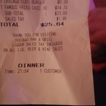 Chicago Bar & Grill - This was our receipt. Food never came. - Bars Near Me - Houston, Texas Chicago Bar & Grill - This was our receipt. Food never came. - Bars Near Me - Houston, Texas