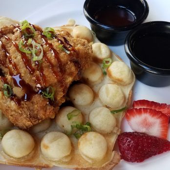Tiger + Lily - A version of Chicken and Waffles, made with eggy cakes similar to ones from NYC Chinatown. Sriracha sauce and maple syrup on the side. - Asian Fusion Near Me - Columbus, Ohio