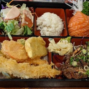Kansai - Bento box with three items: mixed tempura, salmon sashimi and shortribs - Sushi Bars Near Me - Concord, California Kansai - Bento box with three items: mixed tempura, salmon sashimi and shortribs - Sushi Bars Near Me - Concord, California