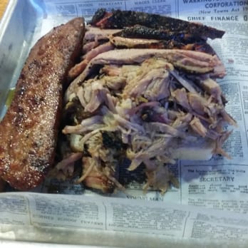 Firewater BBQ - 3 meat combo - Brisket, pulled pork and sausage. Amazing! - Barbeque Near Me - Crest Hill, Illinois