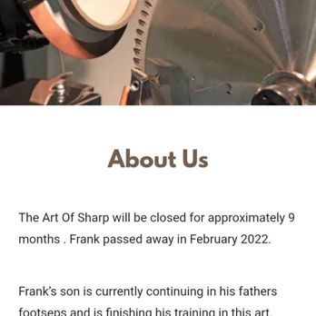 The Art of Sharp - February 2022 website update - The Art of Sharp website (knifesharpeningbyhand dot com) says they will reopen by the end of 2022. - Knife Sharpening Near Me - Chicago, Illinois The Art of Sharp - February 2022 website update - The Art of Sharp website (knifesharpeningbyhand dot com) says they will reopen by the end of 2022. - Knife Sharpening Near Me - Chicago, Illinois