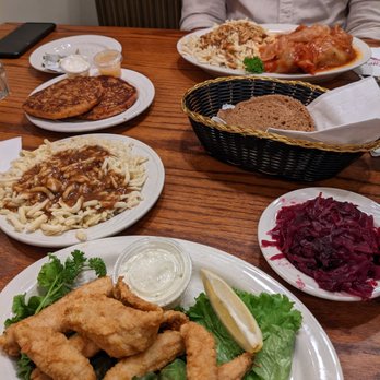 Metzger's German Restaurant - Perch dinner, spaetzle, red cabbage, cabbage rolls, potato pancakes. Very generous portions here! - German Near Me - Ann Arbor, Michigan