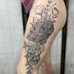 Main Ave Tattoo - Some more work on this leg of flowers