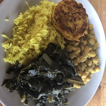 Majani Food Emporium - Yellow rice, collard greens, curried chickpeas and hot water bread. - Vegan Near Me - Chicago, Illinois Majani Food Emporium - Yellow rice, collard greens, curried chickpeas and hot water bread. - Vegan Near Me - Chicago, Illinois