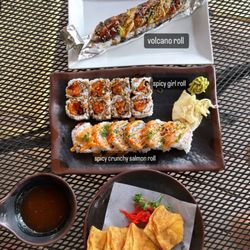 Volcano roll, spicy girl roll, spicy crunchy shrimp roll, Crab Rangoon