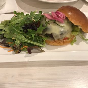 Cafe Bee - Beef burger with cheese and a side of salad. - Cafes Near Me - New York, New York