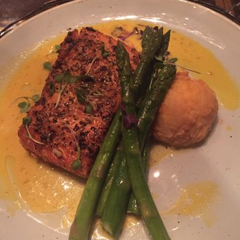 Le Moo - Salmon with grits cakes and asparagus - perfectly cooked! - Steakhouses Near Me - Louisville, Kentucky Le Moo - Salmon with grits cakes and asparagus - perfectly cooked! - Steakhouses Near Me - Louisville, Kentucky