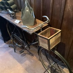 JR's Furniture - Teak wood table top with bicycle base. There's even a box for your little dog.
