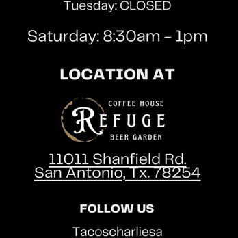 Tacos Charlie - Unbeatable location!! Great food, coffee, beer, and kid-friendly outdoor activities. - Food Trucks Near Me - San Antonio, Texas Tacos Charlie - Unbeatable location!! Great food, coffee, beer, and kid-friendly outdoor activities. - Food Trucks Near Me - San Antonio, Texas