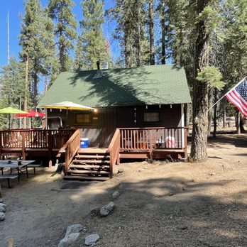 Camp Fresno - Front of Cabin showing new steps and camp area - Campgrounds Near Me - Shaver Lake, California