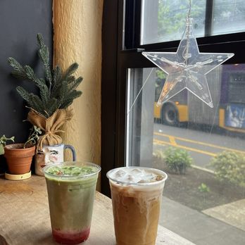 Strawberry matcha and marshmallow cold brew